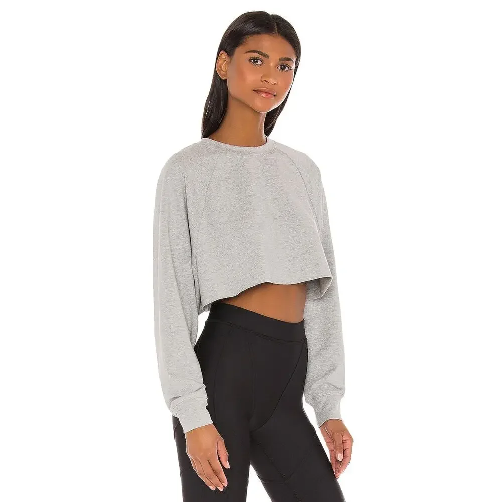 Alo Yoga Double Take Crop Raw Hem Crew Pullover Sweatshirt Dove Grey Heather M